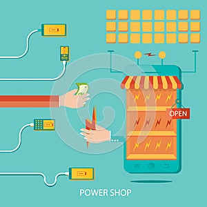 Vector illustration of solar plant, energy shop, manufacturing o