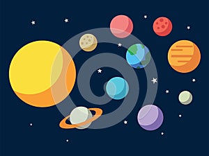 Vector illustration of Solar system. All planets Sun Mercury Venus Moon Earth Mars in the sky. Space, universe galaxy astronomy sc