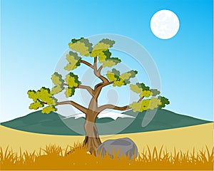 Vector illustration solitary tree on background of the mountains