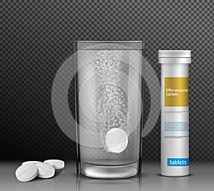 Vector illustration of soluble round tablets in a glass of water and a container for them. photo