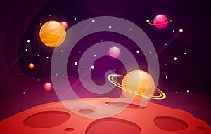 Vector Illustration Space Background With Red Planet Landscape. Stars and Comets Decoration For Your Design.