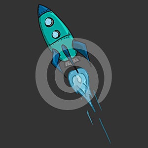 Vector illustration of a space rocket. Blue Rocket icon. Hand drawn cartoon rocket