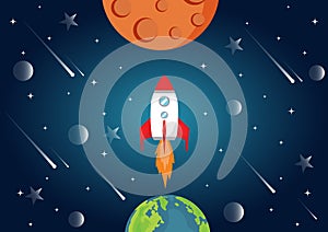 Vector Illustration of Space, Spaceship, Planet Earth, Moon