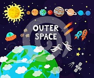 Vector illustration of space, universe. Cute cartoon planets, asteroids, comet, rockets