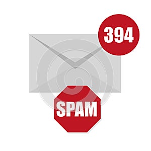 Vector illustration of spam envelope icon with counter and red sign on white