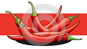 Vector illustration of spicy peppers on white and red line.