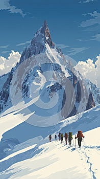 Vector illustration of splitboard crew climbing mountain