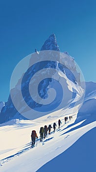 Vector illustration of splitboard crew climbing mountain