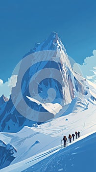 Vector illustration of splitboard crew climbing mountain