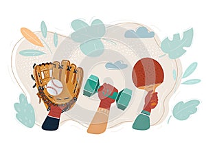 Vector illustration of sports equipments in human hands.