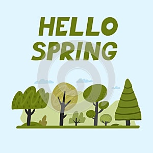 Vector illustration spring background with beautuful landscape, forest, hills and trees in flat hand drawn cartoon style and text