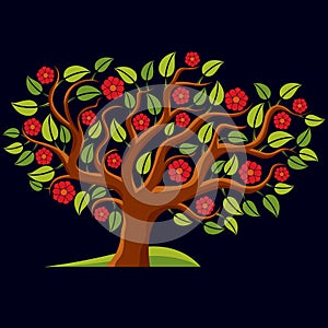 Vector illustration of spring branchy tree with beautiful blossom. Gorgeous flowers, blooming tree art image, can be used as