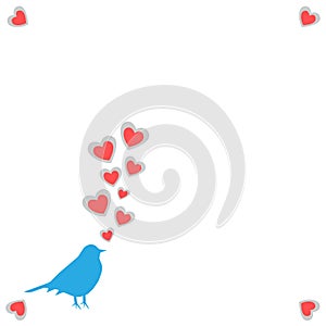 Vector illustration a spring card with a silhouette of a bird of blue color with the taking-off hearts from a beak on a white