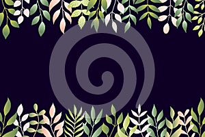 Vector illustration of spring leaves in flat style. Floral dark blue background with copy space for text, tender plants