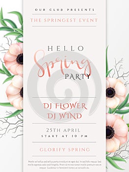 Vector illustration of spring party poster template with lettering label, anemone flowers