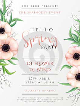 Vector illustration of spring party poster template with lettering label, anemone flowers