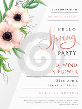 Vector illustration of spring party poster template with lettering label, anemone flowers