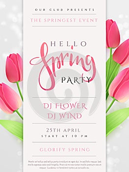 Vector illustration of spring party poster template with lettering label, tulip flowers and flares