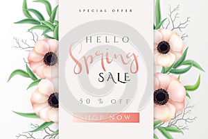 Vector illustration of spring promotion banner template with hand lettering label - spring - with realistic anemone