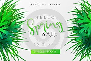 Vector illustration of spring promotion banner template with hand lettering label - spring - with realistic grass and