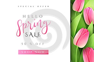 Vector illustration of spring promotion banner template with hand lettering label - spring - with realistic tulip