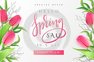 Vector illustration of spring promotion banner template with hand lettering label - spring - with realistic tulip