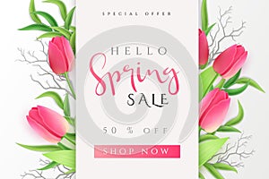 Vector illustration of spring promotion banner template with hand lettering label - spring - with realistic tulip