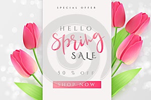 Vector illustration of spring promotion banner template with hand lettering label - spring - with realistic tulip