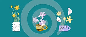 Vector illustration of spring or summer flowers growing in ceramic crockery