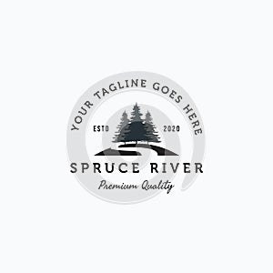 Vector illustration of spruce tree on the hill with river logo design photo