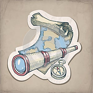 Vector illustration of spyglass, map and compass