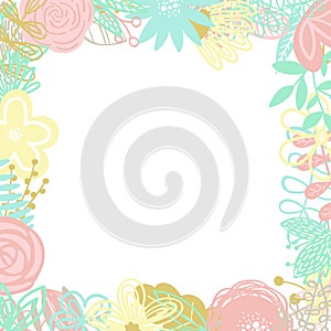 Vector illustration of a square frame made of hand-drawn floral elements. An image for decoration of cards, invitations and interi