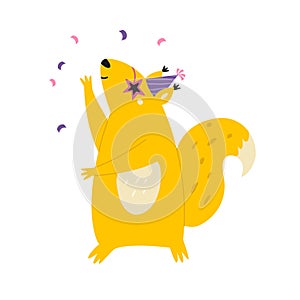 Vector illustration of a squirrel dancing in disco glasses and birthday hat