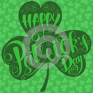 Vector illustration of St. Patrick`s Day clover emblem on a background of leaves. Green hand-drawn icon for the Irish holiday, fo