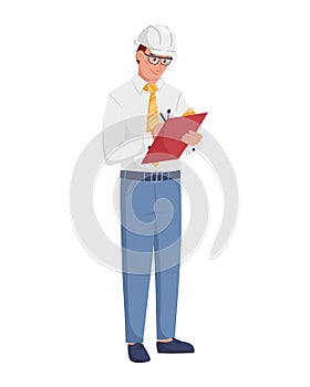 Vector illustration of a standing engineer in a white helmet in a suit with a tie. A man holds a tablet with notes and learns or