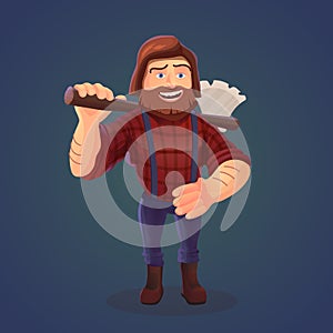 Vector illustration of standing lumberjack with axe. A cartoon character of happy feller with beard in red shirt and tailors. A co