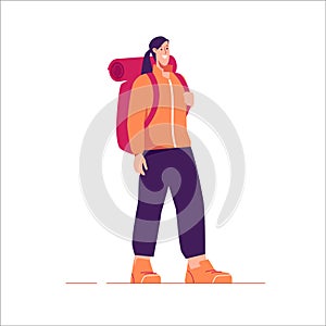 Vector illustration of a standing woman traveler hiker with backpack