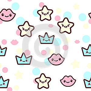 Vector illustration of the stars, lips and crowns with the funny faces seamless pattern. Trendy Kawaii emoticons for