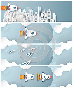 Vector illustration with start up concept in paper cut, craft and origami style. Rocket is flying on blue sky. Template design for
