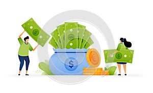 Vector illustration of stashing savings on greenbacks. Investing for the future. Full sacks of dollar bills. Secure future on