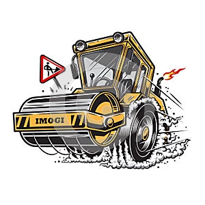 Vector illustration of steamroller with smoke under the wheels