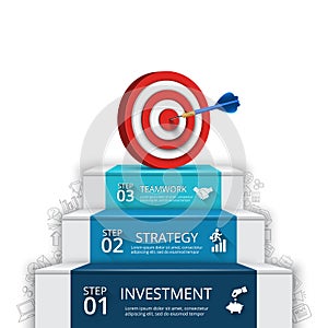 Vector illustration of 3 steps to success with target and dart.