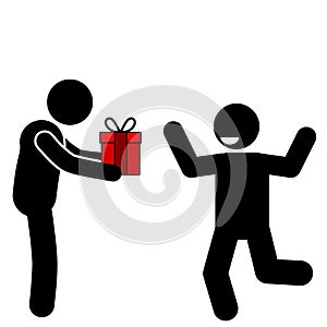 vector illustration of stickfigure and stickman getting a gift