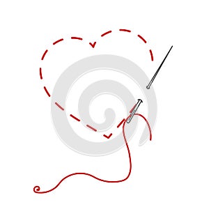 A vector illustration of stitched heart, needle with thread. Embroidery stylization with stitches. Background for Valentines day,