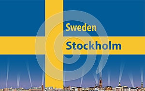 Vector illustration of Stockholm city skyline with flag of Sweden on background