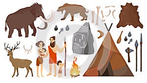 Vector illustration of stone age people with elements for life, hunting tools. Primitive Neanderthal people family - man