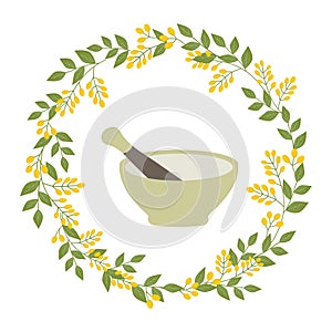 Vector illustration of stone mortal and pestle in botanical herbal wreath with yellow berries. Alternative medicine ayurveda