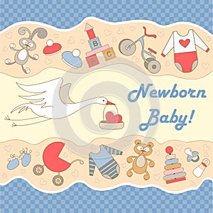 Vector illustration with stork and symbols of newborn