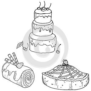 Set cake icon. Vector illustration of strawberry cake, chocolate roll, berry cake