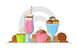 Vector illustration of strawberry milkshake, ice cream with chocolate and sprinkles, cookies, and cupcakes.